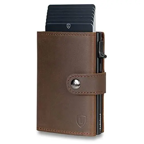Produktbild: Fargo Wallet – Leder Geldbörse handgemacht für Herren und Damen Portemonnaie Aluminium Kartenhalter mit Münzfach und Scheinfach - Platz für 9 Karten mit RFID NFC Schutz Farbe | (Dunkelbraun)