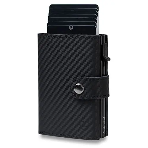 Produktbild: Fargo Wallet – Premium Leder Geldbörse handgemacht für Herren und Damen Portemonnaie Aluminium Kartenhalter mit Münzfach und Scheinfach - Platz für 9 Karten mit RFID NFC Schutz Farbe | (Carbon)