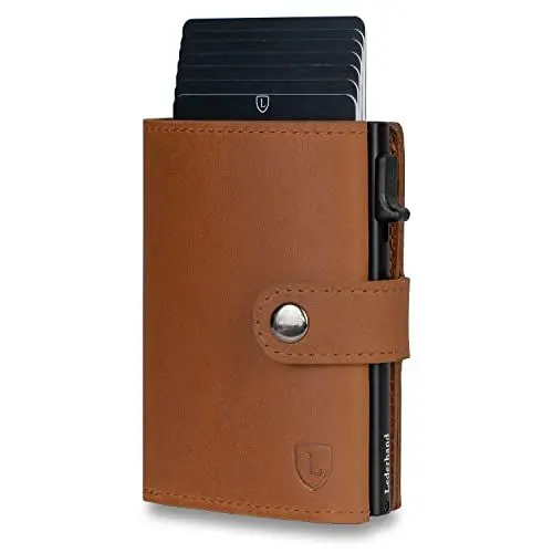 Produktbild: Fargo Wallet – Premium Leder Geldbörse handgemacht für Herren und Damen Portemonnaie Aluminium Kartenhalter mit Münzfach und Scheinfach - Platz für 9 Karten mit RFID NFC Schutz Farbe | (Hellbraun)