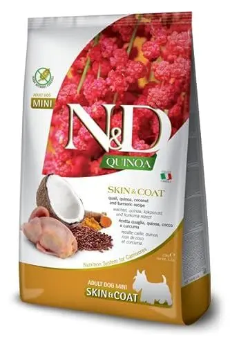 Produktbild: Farmina N&D Quinoa Adult Mini Pellets Hundefutter (Trockenfutter, mit hochwertigen Vitaminen und natürliche Antioxidantien, ohne Mais, Zutaten: Wachtel und Kokosnuss, Portionsgröße: 800 g)