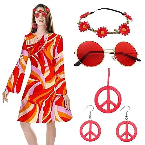 Produktbild: Retro Hippie-Kostüm damen für Frauen - 70er Jahre Kleid, Halskette, Ohrringe und Sonnenbrille im Disco-Stil, perfekt für 63er Jahre Partys, Halloween oder andere Retro-Events