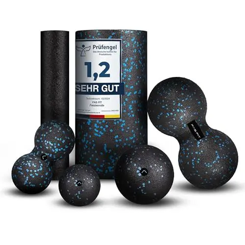 Produktbild: Fas Fit Faszienrolle Faszienball Selbst-Massage Set blau 6teilig – Faszien-Set für Rücken, Wirbelsäule, Pilates – inkl. Poster, Übungsheft, E-Book und Turnbeutel – inkl Nackenrolle Massageball Duoball