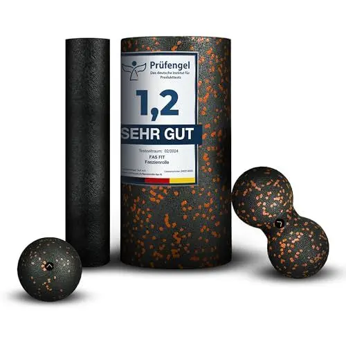 Produktbild: Fas Fit Faszienrolle Faszienball Selbst-Massage Set orange 4teilig – Faszien-Training für Rücken, Wirbelsäule, Pilates – inkl. Poster, Übungsheft, E-Book und Turnbeutel