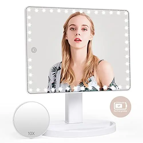 Produktbild: FASCINATE Groß Wiederaufladbar Schminkspiegel mit Beleuchtung, 1fach/10fach Vergrößerungsspiegel, Dimmbarer Tischspiegel mit Licht, 360° Drehbar Kosmetikspiegel mit Beleuchtung(Weiß)