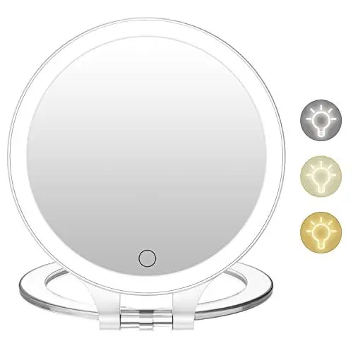 Produktbild: Fascinate Kosmetikspiegel mit Beleuchtung, Wiederaufladbarer Doppelseitiger 10X/1X Vergrößerungsspiegel, 3 Lichtfarben, Helligkeit einstellbar, LED Schminkspiegel für Schreibtisch und Reisen