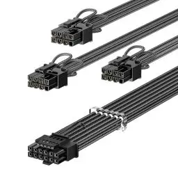 Produktbild: Fasgear PCIe 5.0 GPU Stromkabel ummantelt 70cm | 16pin(12+4) 12VHPWR Anschluss für RTX 3090Ti 4080 4090 4070Ti | 3x8pin(6+2) PCI-e Stecker kompatibel für ASUS EVGA Seasonic Modular Netzteil(Schwarz)