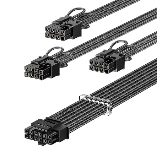 Produktbild: Fasgear PCIe 5.0 GPU Stromkabel ummantelt 70cm | 16pin(12+4) 12VHPWR Anschluss für RTX 3090Ti 4080 4090 4070Ti | 3x8pin(6+2) PCI-e Stecker kompatibel für ASUS EVGA Seasonic Modular Netzteil(Schwarz)