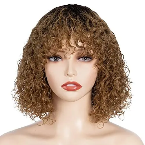 Produktbild: FASHION IDOL Bob Curly Echthaar-Perücken mit Pony Jerry Curl Bob Perücken Echthaar brasilianische Virgin Echthaar keine Lace Front Perücken für Frauen (25CM, Braun&Gold)