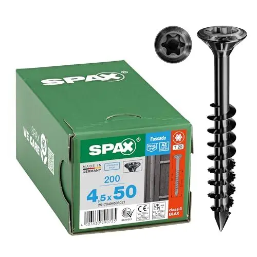 Produktbild: SPAX Fassadenschraube, 4,5 x 50 mm, 200 Stück, Teilgewinde, Linsensenkkopf, T-STAR plus T20, CUT-Spitze, Edelstahl rostfrei A2 BLAX - 25170404505021