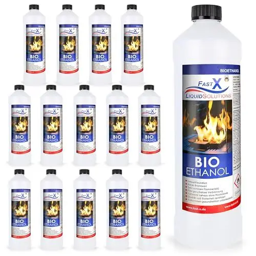 Produktbild: Fast X Bio Ethanol 15x1L - 100% Natürlich, für Ethanol-kamine & Tischkamine. Umweltfreundlich & geruchsfrei, sicher für Raum- & Gartenfeuer mit rückstandsloser Verbrennung