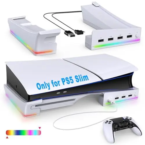 Produktbild: FASTSNAIL RGB LED Horizontaler Ständer für PS5 Slim/Pro Konsole, Halterung Zubehör mit 4 USB-Anschlüssen, Standfuß für Playstation 5 Slim/Pro Disc&Digital Edition