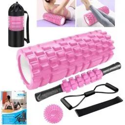 Produktbild: Faszienrolle, Qveetry 6 in 1 Foam Roller Faszienrolle Set mit Massageroller Stab, Widerstandsbänder Krafttraining, Massageball, Fitnessbänder, 33cm Schaumstoffrolle für Yoga Pilates, mit Poster (Rose)