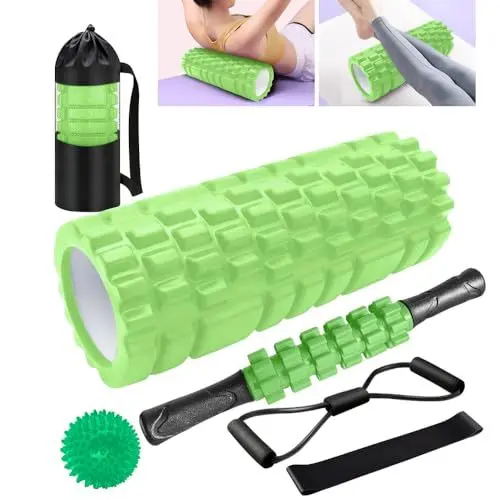 Produktbild: Faszienrolle, Qveetry 6 in 1 Foam Roller Faszienrolle Sets mit Massageroller Stab, Widerstandsbänder Krafttraining, Massageball, Fitnessbänder, 33cm Schaumstoffrolle für Yoga Pilates Sport,Grün