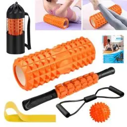 Produktbild: Faszienrolle, Qveetry Foam Roller Faszienrolle Sets mit Massageroller Stab, Widerstandsbänder Krafttraining, Massageball, Fitnessbänder, 33cm Schaumstoffrolle für Yoga Pilates, mit Poster (Orange)