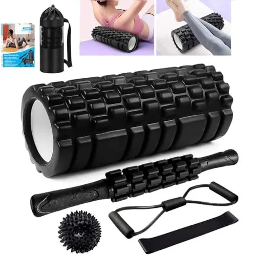 Produktbild: Faszienrolle, Qveetry Foam Roller Faszienrolle Sets mit Massageroller Stab, Widerstandsbänder Krafttraining, Massageball, Fitnessbänder, 33cm Schaumstoffrolle für Yoga Pilates, mit Poster (Schwarz)