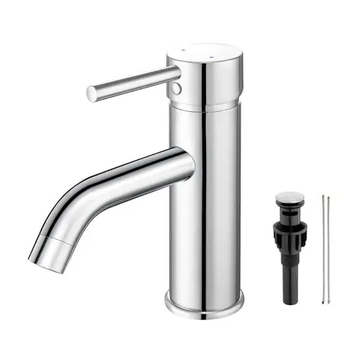 Produktbild: Faulkatze Waschtischarmatur Bad Wasserhahn Badezimmer Armatur Waschbecken Einhebelmischer Mischbatterie Mit Ablaufgarnitur/Versorgungsschlauc, Einloch Wasserhahn Bad Gäste WC Edelstahl Chrom