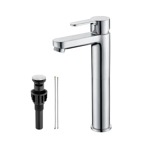 Produktbild: Faulkatze Wasserhahn Bad Hoch,Waschtischarmatur Badezimmer Armatur für Aufsetzwaschbecken,Einhebelmischer Mischbatterie Waschbeckenarmatur Mit Ablaufgarnitur,Edelstahl Einloch Badarmatur Chrom Poliert