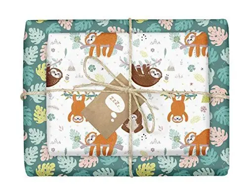 Produktbild: Faultier-Geschenkpapier: 4x Einzelbögen + 4x Geschenkanhänger für Kinder | Doppelseitig, Recycling-Papier
