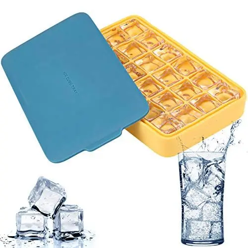 Produktbild: FAVIA Eiswürfelform Silikon mit Deckel 24-Fach Eiswürfelformen Ice Cube Tray Eiswürfel Form BPA Frei für Whisky Cocktails Saft Schokolade Süßigkeiten (GELB UND BLAU)