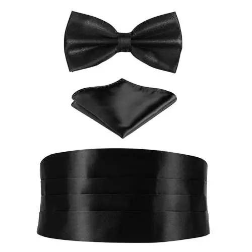 Produktbild: FAVOMOTO Kummerbund Schwarz Kummerbunde mit Fliege und Einstecktuch Formelle Satin e für Männer, 3er Set Schärpe Verstellbar Band 1 Set Herren Fliege Einstecktuch