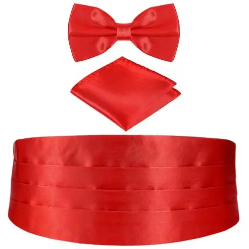 Produktbild: FAVOMOTO 3pcs Herren Kummerbund Einstecktuch Fliege Formelle Anzug Accessoires Einstecktuch Bund, Fliege, Herren Kummerbund Set, inklusive (Rot)