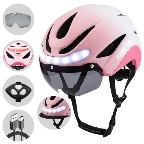 Produktbild: Favoto Fahrrad Helm Frauen mit Licht - Verstellbarer Kopfumfang EPS-Material Abnehmbare Kopfhaube Heckleuchten Design L(59-61cm) Rosa