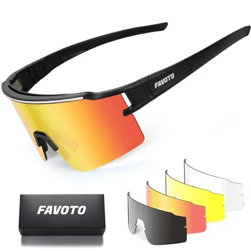 Produktbild: Favoto Fahrradbrille Polarisierte Sonnenbrille Herren - mit 1 polarisierten Gläser und 3 UV400-Gläsern geeignet für Outdoor-Aktivitäten wie Radfahren, Laufen und Autofahren Schwarz-Rot