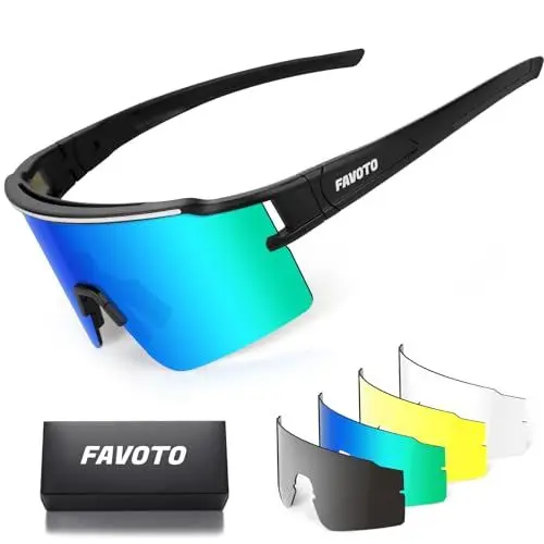Produktbild: Favoto Fahrradbrille Polarisierte Sportbrille Herren - mit 1 polarisierten Gläser und 3 UV400-Gläsern geeignet für Outdoor-Aktivitäten wie Radfahren, Laufen und Autofahren Schwarz-Grüne