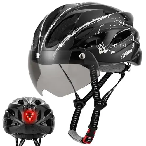 Produktbild: Favoto Fahrradhelm Herren mit Licht - Damenhelm Fahrradhelm Leichtgewicht Atmungsaktiv mit Brille Rücklicht Herausnehmbares Innenfutter EPS In-Mould-Technologie 57-61 cm Verstellbar Schwarz-Weiß