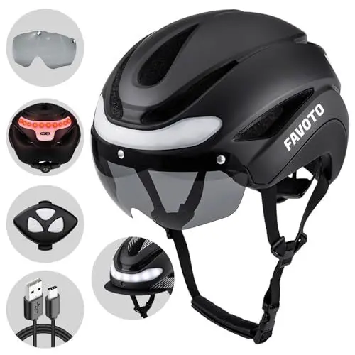 Produktbild: Favoto Herren Fahrradhelm Frauen Licht - Verstellbarer Kopfumfang EPS-Material Abnehmbare Kopfhaube Heckleuchten Design M(54-58cm) Schwarz