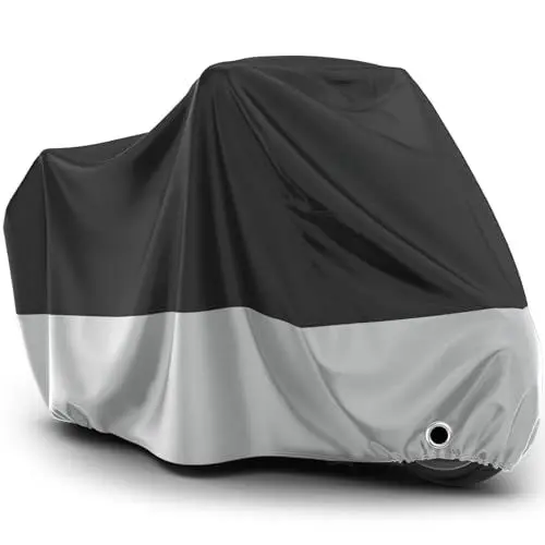 Produktbild: Favoto Motorrad Abdeckplane Outdoor Wasserdicht - Motorradabdeckung XL Staubdicht UV-Schutz mit Schlossloch Winddichte Schnalle Polyester Schwarz Silber 220cmx105cmx125cm