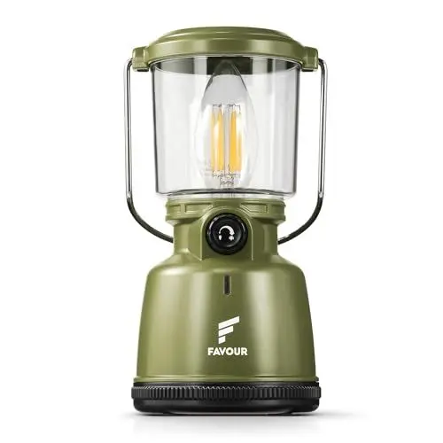 Produktbild: Favour Retro LED Laterne Outdoor | Helle Campinglampe, dimmbar, Kerzenlichtmodus | LED Lampe Akku aufladbar, IP64 wasserdicht, stoßfest | Hängelampe Zelt, abnehmbarer Schirm, grün inkl. Akku