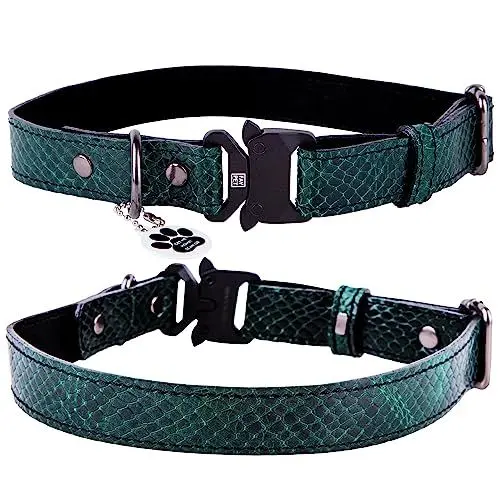 Produktbild: FAVPET Echtleder Dünnes Halsband Hund Verstellbar mit QR Code Anhänger, Hochwertige Hundehalsbänder mit Cobra Verschluss, Verstellbares Hundehalsband Leder Schmal, Lederhalsband Hund (L, Grün)