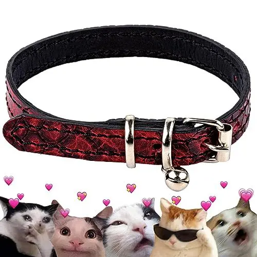 Produktbild: FAVPET Luxus Echtleder Katzenhalsband mit Glocke, Dünnes Katzenhalsband mit Metallschnalle, Schick Leder Katzen Halsbänder mit Glocke, Glöckchen Halsband Katze Leder, Katzen Lederhalsband (Rot)