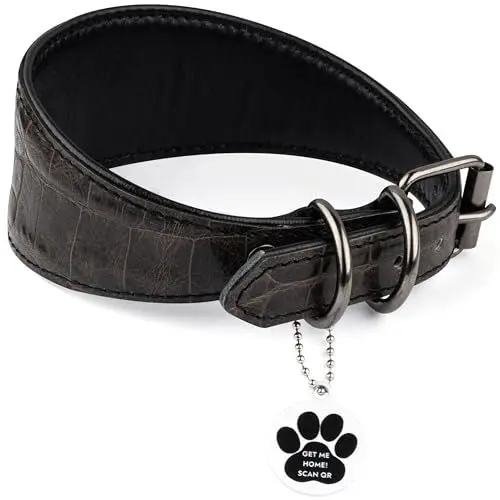 Produktbild: FAVPET Luxus Echtleder Windhund Halsband Breit mit QR Code Anhänger, Weiches Lederhalsband Hund Breit Whippet Italienisches Windspiel Saluki Lurcher Spanischer Galgo Greyhound Podenco (Grau, S)