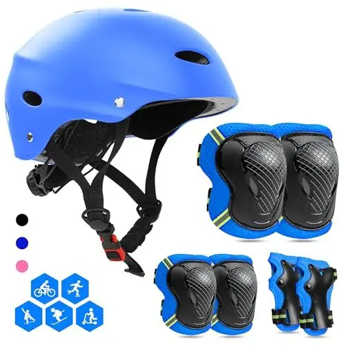 Produktbild: FAYITING Kinder-Schutzausrüstung, 7-in-1-Helm-Set, Knie Handgelenk und Ellbogenschützer für Skateboard, Skaten, Roller, BMX für Jungen und Mädchen im Alter von 4–13 Jahren(Blau M)
