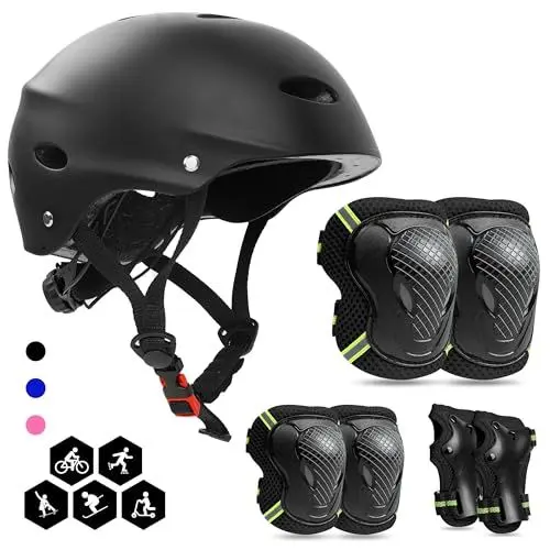 Produktbild: FAYITING Kinder-Schutzausrüstung, 7-in-1-Helm-Set, Knie Handgelenk und Ellbogenschützer für Skateboard, Skaten, Roller, BMX für Jungen und Mädchen im Alter von 4–13 Jahren(Schwarz M)