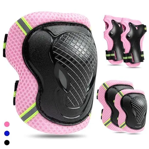 Produktbild: FAYITING 6-in-1-Set Knieschoner für Kinder, Schützer Inliner Geeignet zum Skateboarden, Fahrrad und Rollschuhlaufen, Knie und Ellenbogenschützer für 6–14 Jahre (Rosa S)