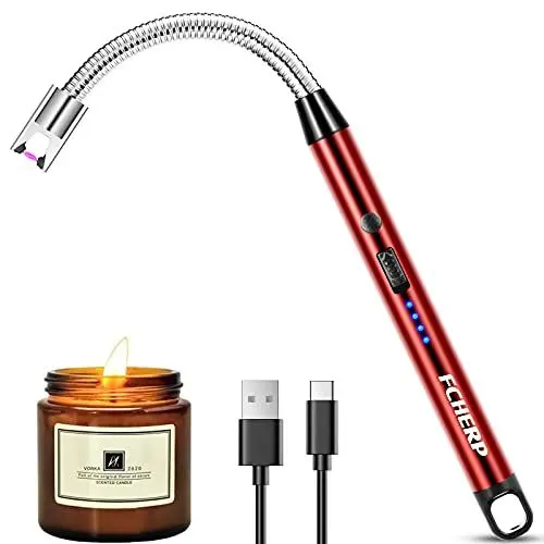 Produktbild: FCHERP Stabfeuerzeug, Lichtbogen Feuerzeug Lang USB-C Aufladbar Feuerzeug Elektrisch 360°drehbarer Hals Winddichte Flammenlose Lighter für Kerzen anzünden, Küche, Grill, Camping, Gasherde (Rot)