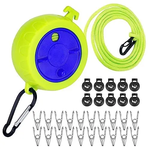 Produktbild: FCOOL Einziehbare Wäscheleine, 10 m Tragbare Anti-Wicklungs-Reise-Wäscheleine, Verstellbare Camping-Wäscheleine mit 10 festen Schnallen und 20 Wäscheklammern für Camping Outdoor Indoor