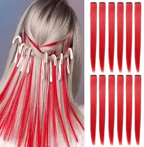 Produktbild: Fcysws 12Pcs Farbige Haarverlängerungen Clip, 21inch Hitzebeständig Synthetisch Glatt Haar für Frauen und Mädchen, Geschenk, Rot Haarsträhnen, Party-Highlights, Clip-in-Haarteil (Rot)