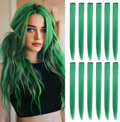 Produktbild: Fcysws 12 Stück 55cm Grüne Haarsträhnen Farbige Haarverlängerungen Clip in/on für Mädchen und Frauen Perücke Party Highlight Grün Haarteile Zubehör (Grün)