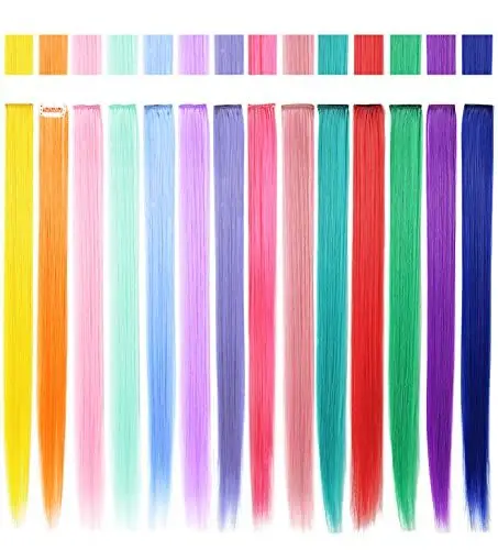 Produktbild: Fcysws Farbige Haarverlängerungen Clip in/on für Mädchen und Damen 55 cm Mädchen Zubehör Perückenstücke Synthetische Haarverlängerungen 14 Stück (mehrfarbig)