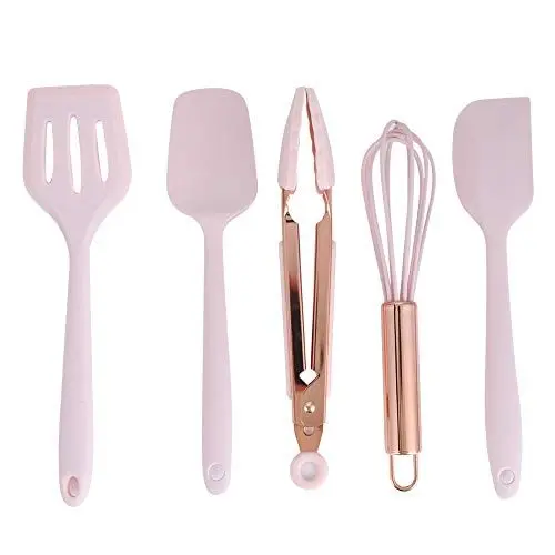 Produktbild: Fdit 5 Stück Silikon Küchengeschirr Mini Backspatel Schneebesen mit Roségold Griff Silikon Kinder Backwerkzeug