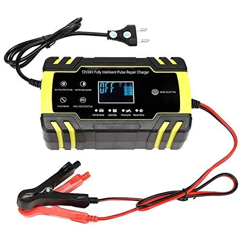 Produktbild: Fdit Autobatterieladegerät, Automatisches 12-V / 24-V-Erhaltungsladegerät mit Impulsreparaturfunktion, Tragbarer LCD-Batteriewartungsgerät für Auto, Rasenmäher, Motorrad(EU)