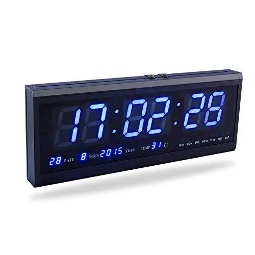 Produktbild: Fdit Wanduhr,groß Digital LED Uhr mit Zeit Kalender Datum und Temperatur Anzeige Uhr Schreibtisch für Haus Büro Restaurant Flughafen Bank (rot/blau/grün) blau