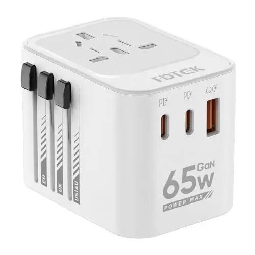 Produktbild: FDTEK 65W Reiseadapter Weltweit, Universal Reisestecker Adapter mit 2 USB-C, 1 USB-A und 1AC Steckdose, Internationaler Steckdosenadapter, Travel Adapter für Europa USA Mexiko Australien 200+ Ländern