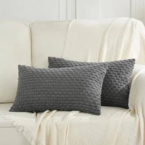 Produktbild: FDTERN 2er Set 30x50 cm Dunkel Grau Kordsamt Kissenbezug,Flauschig Boho Kissenbezüge Kissenhülle Dekokissenbezug Sofakissen Couchkissen Dekokissen Deko für Sofa Schlafzimmer Wohnzimmer