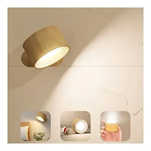 Produktbild: Feallive LED Wandleuchte Innen, Wandlampe mit Akku 1 Stück,Touch Control 3 Helligkeitsstufen, 360° drehbare, für Wohnzimmer Schlafzimmer TreppenhausFlur kabellose wandleuchten Holzmaserung