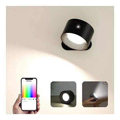 Produktbild: Feallive LED Wandleuchte Innen, Wandlampe mit Akku 1 Stück,Touch Control 3 Helligkeitsstufen, 360° drehbare, für Wohnzimmer Schlafzimmer TreppenhausFlur kabellose wandleuchten (Schwarz+Buntes Licht)